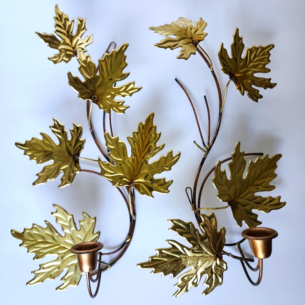 (2) Vintage  copper brass leaf wall candlestick holders